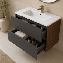  Mobilier suspendat pentru lavoar Fluminia, Genova 80, front și laterale netede, nero mat/rovere moka