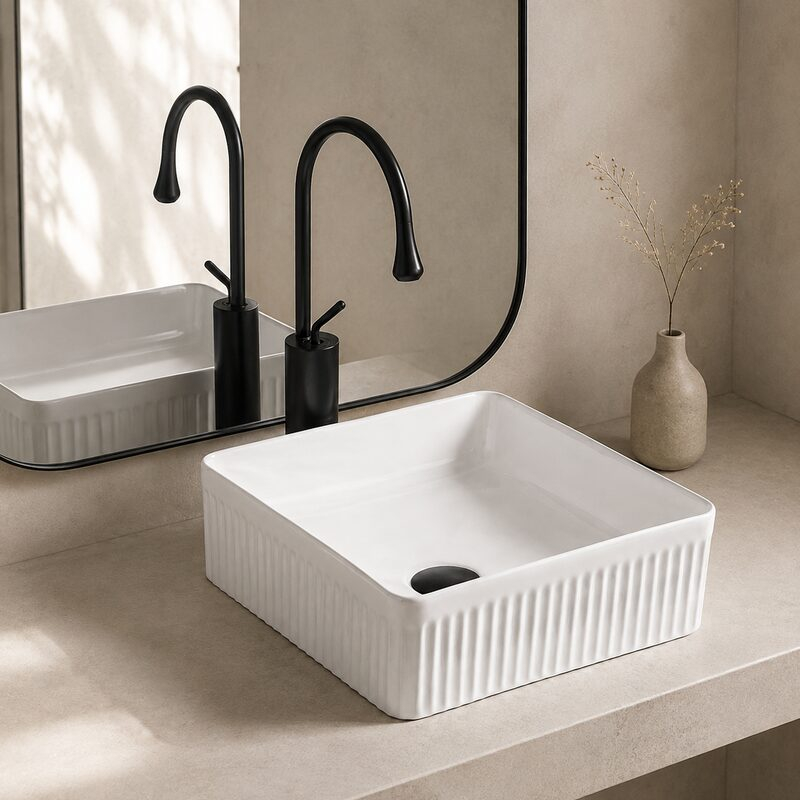 Lavoar pe blat Fluminia Titan R, riflat, 38 × 38 cm, alb