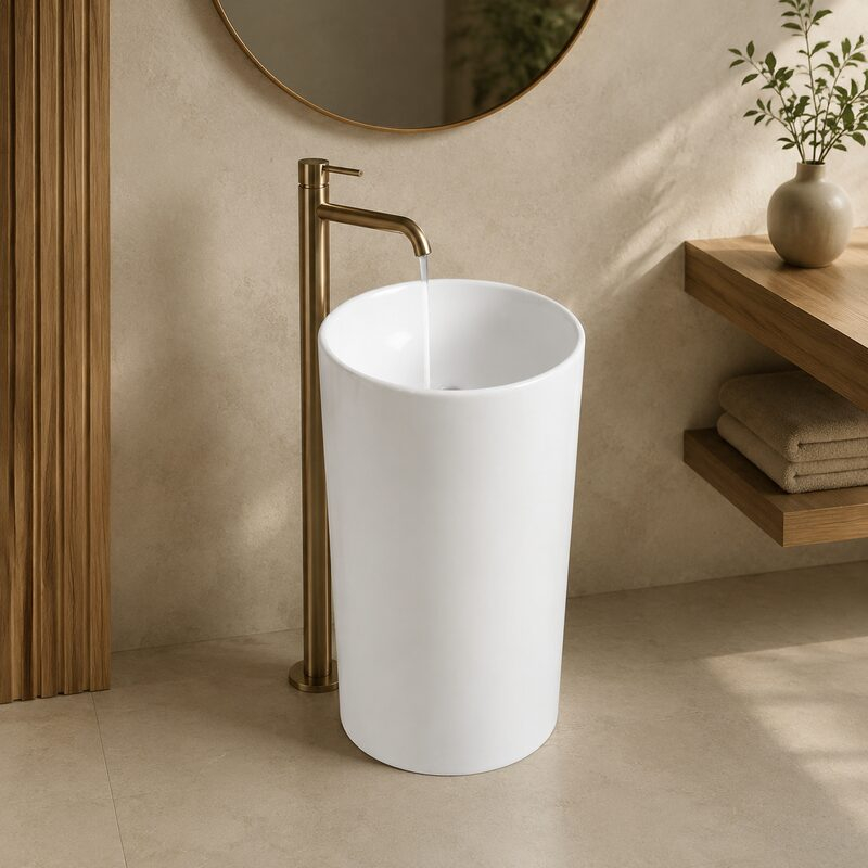 Lavoar stativ Fluminia, Athos New, fără orificiu de baterie și preaplin, formă cilindrică, h83 cm, alb