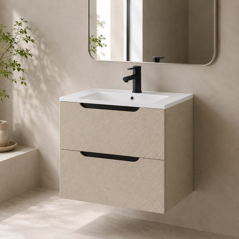 Mobilier pentru lavoar pe blat Fluminia, Malta, finisaj rugos, 60 cm, almond