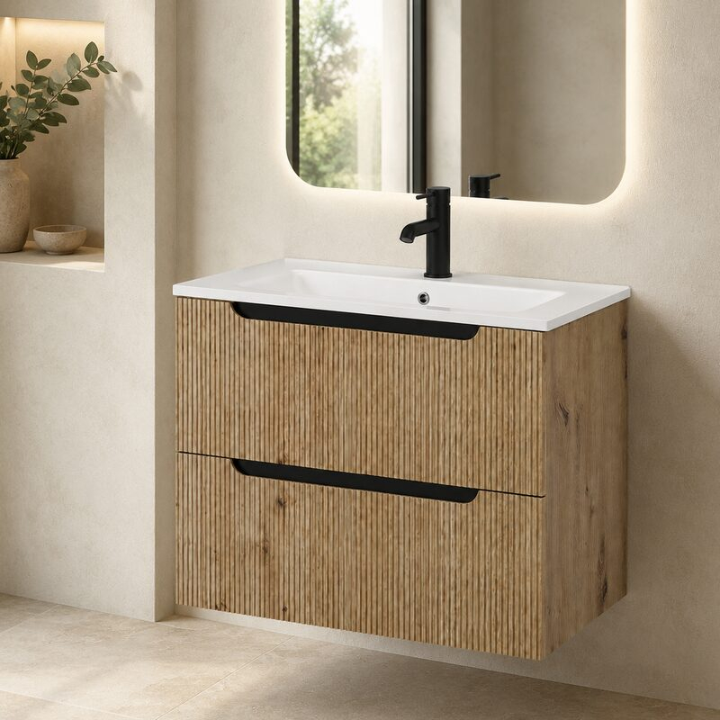 Mobilier pentru lavoar pe blat Fluminia, Malta, finisaj riflat, 60 cm, Rovere Oro