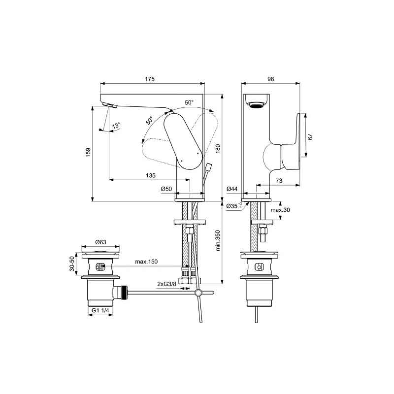 Baterie pentru lavoar Ideal Standard, Cerafine O 155, cu ventil Pop-up, crom