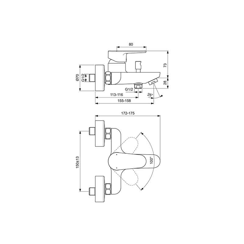 Baterie cadă-duș Ideal Standard Cerafine O, montaj aparent, crom