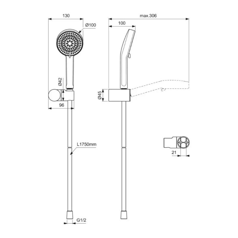Set de duș Ideal Standard, Idealrain Alu+ cu pară, suport și furtun de duș, crom