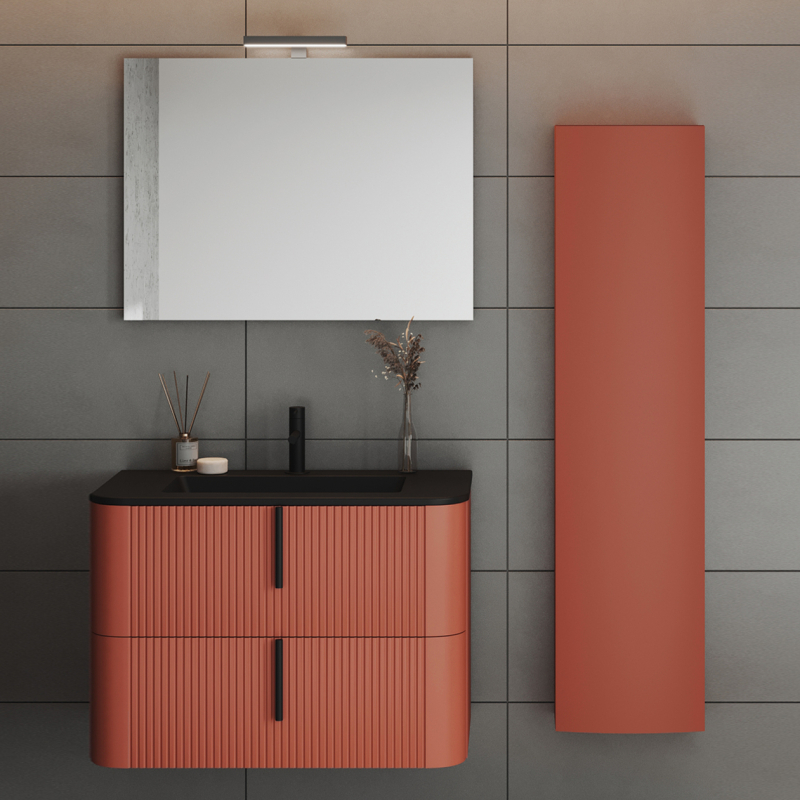 Dulap baie suspendat Fluminia Pisa, front riflat, 2 uși Soft Close, MDF, 31,4 x 31,5 x 130 cm, mattone