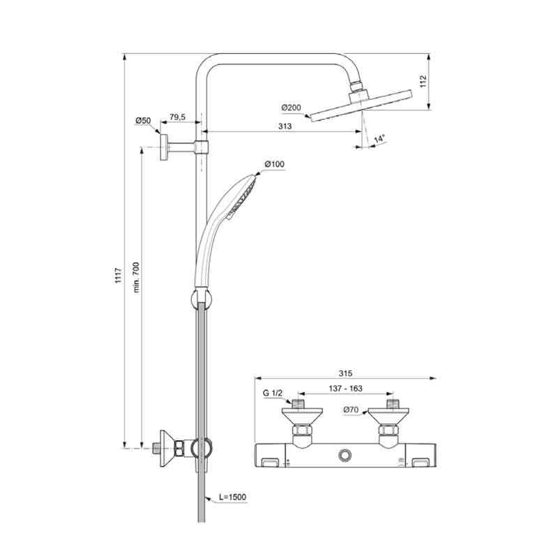 Coloană de duș cu baterie termostatată Ideal Standard, Ceratherm T25, crom