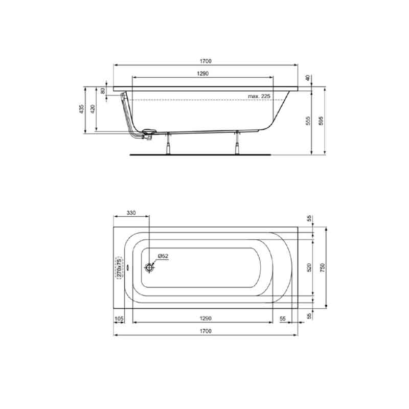 Cadă dreptunghiulară Ideal Standard Simplicity, acril, 170 x 75 cm, alb
