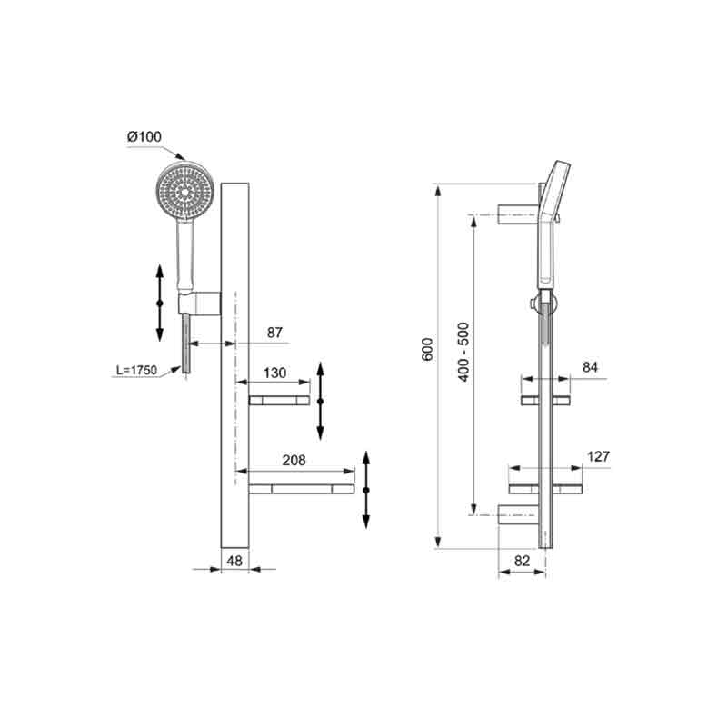 Set de duș Ideal Standard ALU+, pară de duș cu 2 jeturi, bară 60 cm și furtun 175 cm, negru mat