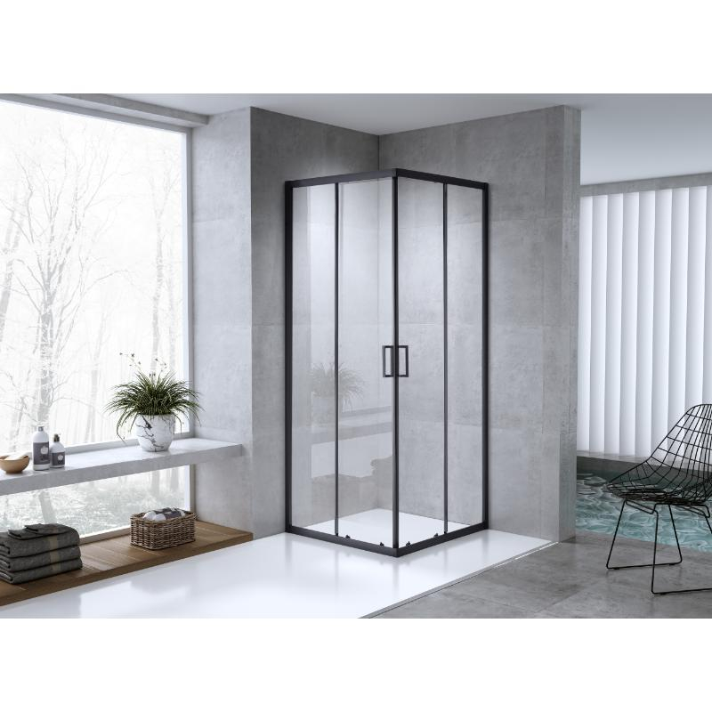 Cabină de duș pătrată Mediterraneo Siri Black 90x90 cm, cu uși culisante rabatabile, sticlă securizată 5 mm, negru mat