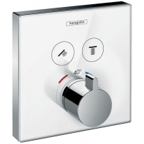 Baterie cu termostatat Hansgrohe, ShowerSelect Glass, cu 2 functii, finisaj sticla, alb/crom