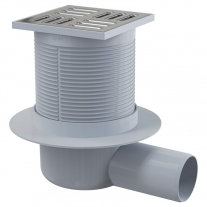 SIFON PARDOSEALA 105X105/50MM IESIRE LATERALA, GRATAR DIN OTEL INOXIDABIL, SISTEM UMED DE RETINERE A MIROSURILOR, APV1