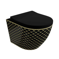 Set WC suspendat Spectrum, Trendi Slim, rimless, cu capac soft close, negru-auriu