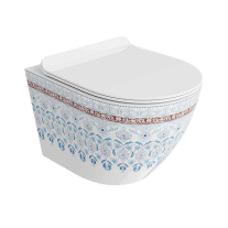 Set WC suspendat Spectrum, Trendi Slim, rimless, cu capac soft close, alb cu model folcloric