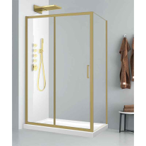 Cabină de duș Fluminia, Iris Gold 100x80 cm, formată din perete fix și ușă culisantă, profil brushed gold