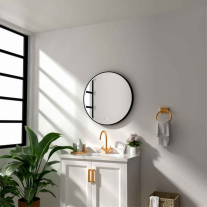 Oglindă cu LED, dezaburire și ceas Fluminia, Aster 80 Clock, Ø 80 cm, iluminare perimetrală, ramă neagră