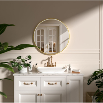 Oglindă cu LED, dezaburire și ceas Fluminia, Aster 70 Clock, Ø 70 cm, iluminare perimetrală, ramă gold