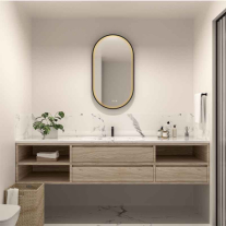  Oglindă cu LED, dezaburire și ceas Fluminia, Canaria 90 Clock, iluminare perimetrală cu difuzor acrilic, ramă neagră