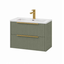 Mobilier suspendat pentru lavoar Fluminia Istria 80 cu 2 sertare, front riflat, 80x46 cm, salvia, mâner auriu