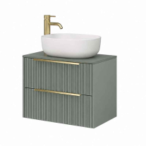 Mobilier suspendat pentru lavoar pe blat Fluminia Istria 80, cu 2 sertare, front riflat, 80x46 cm, salvia, mânere aurii