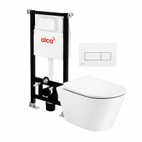 Set vas WC suspendat Clementina, Fluminia, cu ramă de montaj cu rezervor încastrat și clapetă de acționare Alca